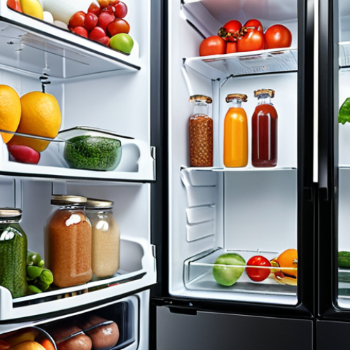 Home 4 **Prompt:** Ultra-efficient refrigerator with superconducting components, showcasing fresh food preservation and minimal energy consumption. Focus on the modern design and technological elements.
