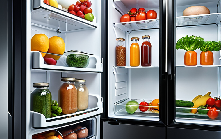 **Prompt:** Ultra-efficient refrigerator with superconducting components, showcasing fresh food preservation and minimal energy consumption. Focus on the modern design and technological elements.