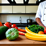 Colorful Fruits & Vegetables**

"A vibrant display of colorful fruits and vegetables, including tomatoes, red peppers, spinach, carrots, pumpkin, and mangoes arranged on a wooden table, fully clothed chef in background, appropriate content, safe for work, perfect anatomy, natural proportions, professional food photography, high quality, modest setting."

**