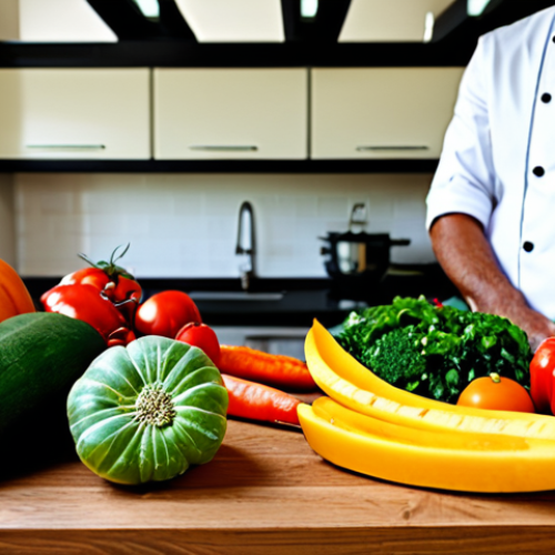 Colorful Fruits & Vegetables**

"A vibrant display of colorful fruits and vegetables, including tomatoes, red peppers, spinach, carrots, pumpkin, and mangoes arranged on a wooden table, fully clothed chef in background, appropriate content, safe for work, perfect anatomy, natural proportions, professional food photography, high quality, modest setting."

**