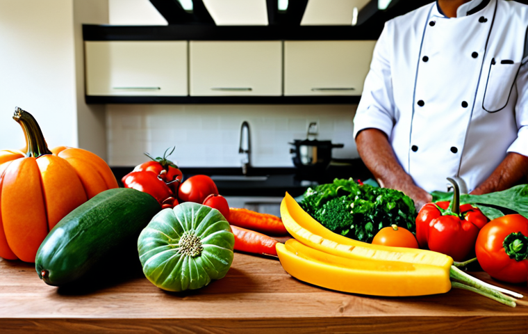 Colorful Fruits & Vegetables**
"A vibrant display of colorful fruits and vegetables, including tomatoes, red peppers, spinach, carrots, pumpkin, and mangoes arranged on a wooden table, fully clothed chef in background, appropriate content, safe for work, perfect anatomy, natural proportions, professional food photography, high quality, modest setting."
**