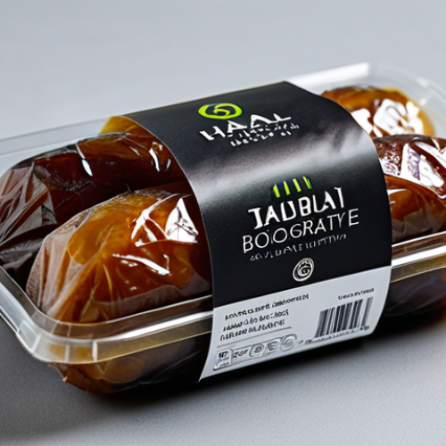 Sustainable Food Packaging**

"Close-up shot of innovative food packaging made with nanotechnology. Focus on a biodegradable wrap encasing fresh dates. Label should show "Halal" certification. Soft, diffused lighting, showcasing the texture and detail. safe for work, appropriate content, fully clothed, professional food photography, natural colors, perfect anatomy (for any hands visible)."

**