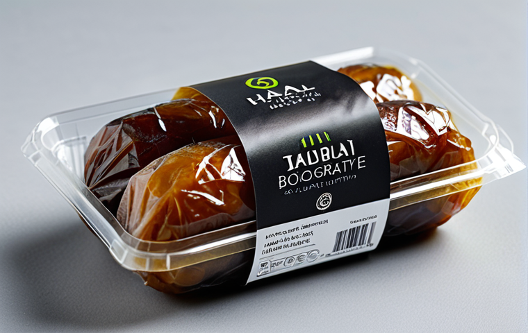 Sustainable Food Packaging**
"Close-up shot of innovative food packaging made with nanotechnology. Focus on a biodegradable wrap encasing fresh dates. Label should show "Halal" certification. Soft, diffused lighting, showcasing the texture and detail. safe for work, appropriate content, fully clothed, professional food photography, natural colors, perfect anatomy (for any hands visible)."
**