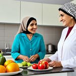 고령친화식품 개발 - **

A professional female nutritionist, fully clothed in modest professional attire, advises a smili...