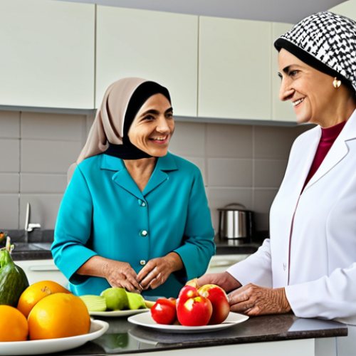 고령친화식품 개발 - **

A professional female nutritionist, fully clothed in modest professional attire, advises a smili...