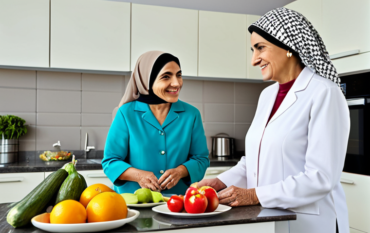 고령친화식품 개발 - **
A professional female nutritionist, fully clothed in modest professional attire, advises a smili...