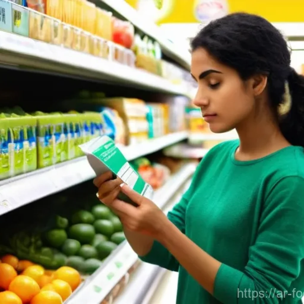 식품 영양성분 분석 - **Prompt 1: A Conscious Shopper Decoding a Food Label**
    A focused, clean shot of a young Arab wo...