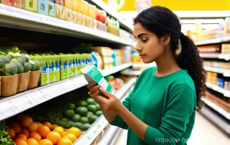 식품 영양성분 분석 - **Prompt 1: A Conscious Shopper Decoding a Food Label**
    A focused, clean shot of a young Arab wo...