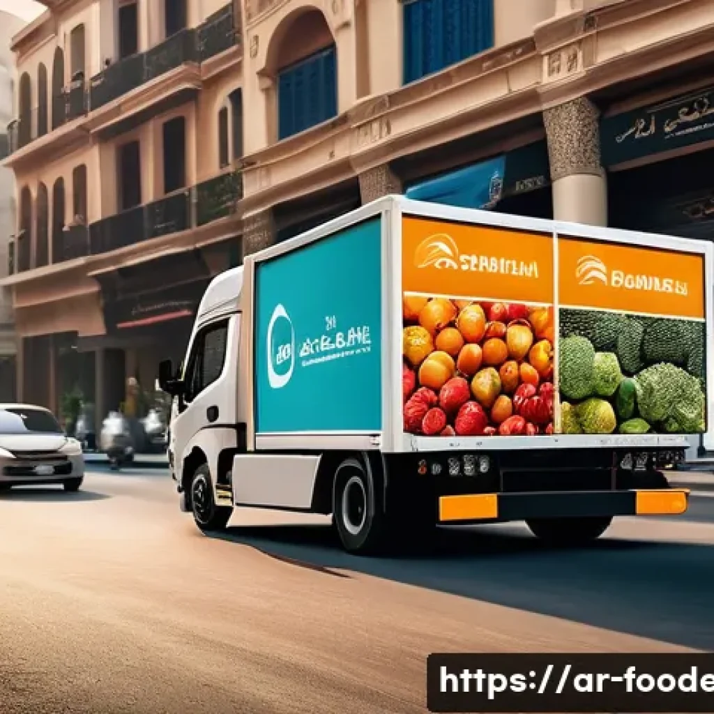 식품 유통과 물류 시스템 - A modern refrigerated delivery truck navigating through a bustling Middle Eastern city street during...