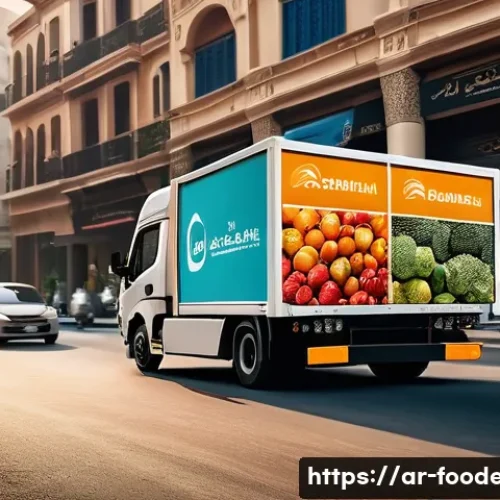 식품 유통과 물류 시스템 - A modern refrigerated delivery truck navigating through a bustling Middle Eastern city street during...