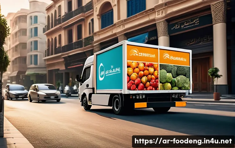 식품 유통과 물류 시스템 - A modern refrigerated delivery truck navigating through a bustling Middle Eastern city street during...