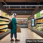 식품과 블록체인 기술 - A modern Middle Eastern grocery store scene featuring fresh vegetables with visible QR codes on thei...