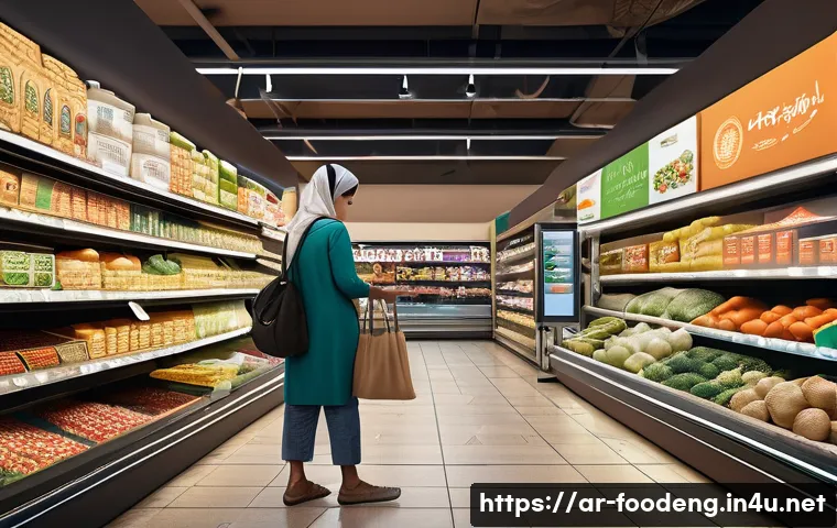 식품과 블록체인 기술 - A modern Middle Eastern grocery store scene featuring fresh vegetables with visible QR codes on thei...