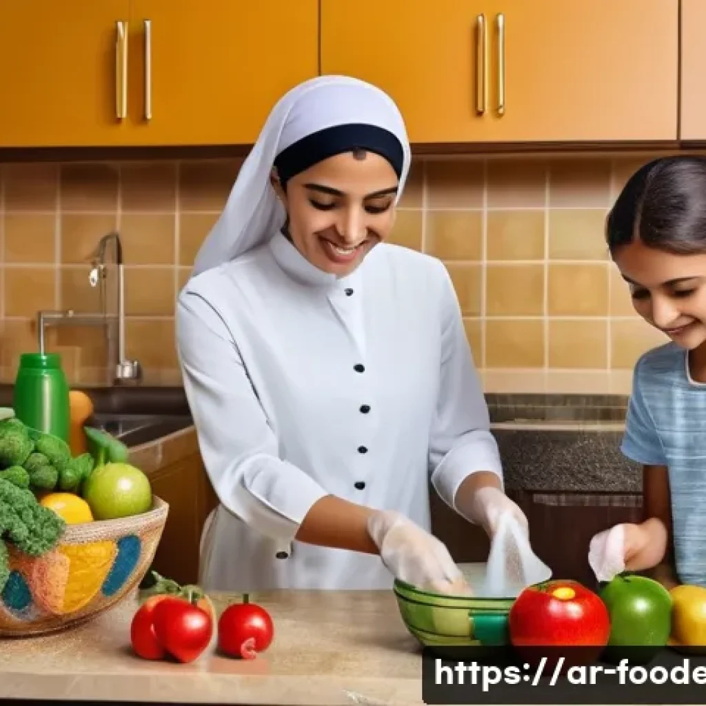 식품위생과 안전 - A detailed kitchen scene showing an Arab family preparing food safely, with a woman wearing clean tr...