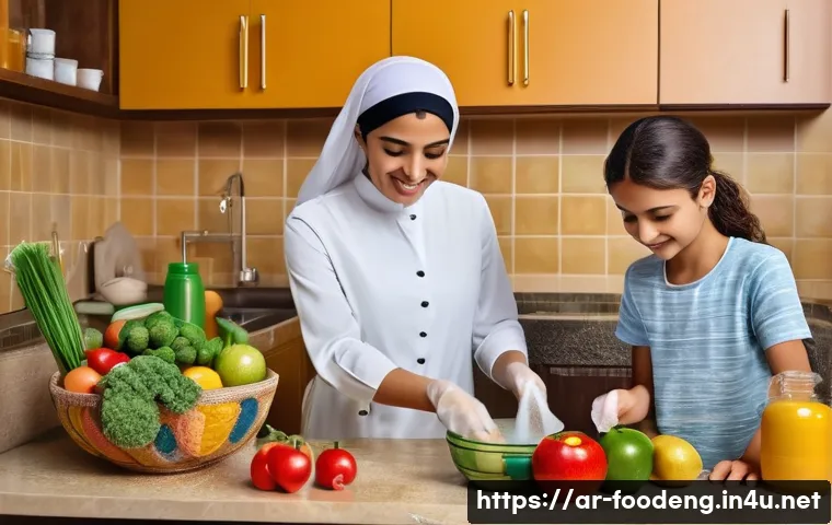 식품위생과 안전 - A detailed kitchen scene showing an Arab family preparing food safely, with a woman wearing clean tr...