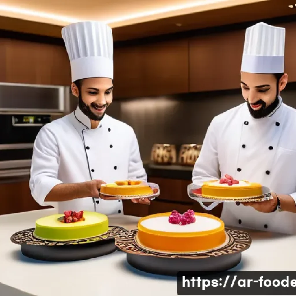 식품공학에서의 3D 프린팅 - A futuristic kitchen scene in an upscale Middle Eastern home, where a chef is operating a sleek 3D f...
