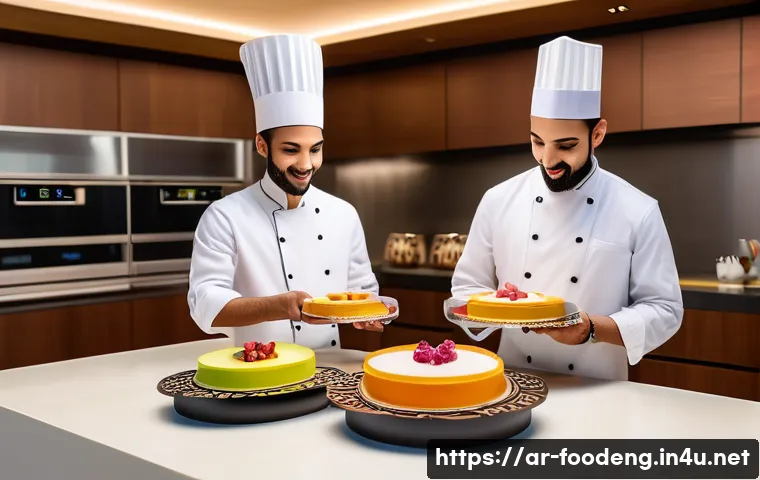 식품공학에서의 3D 프린팅 - A futuristic kitchen scene in an upscale Middle Eastern home, where a chef is operating a sleek 3D f...