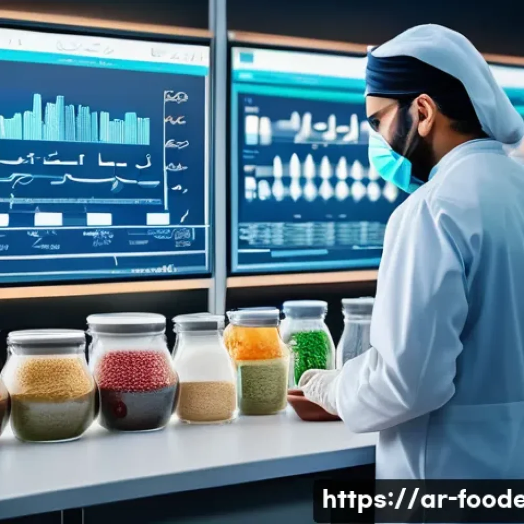 식품에서의 메타볼로믹스 연구 - A high-tech laboratory scene focused on metabolomics analysis of Middle Eastern traditional foods, f...