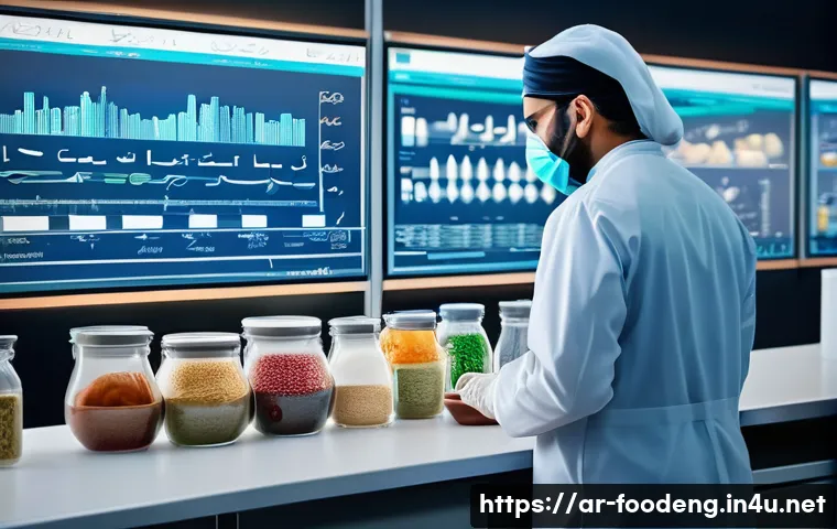 식품에서의 메타볼로믹스 연구 - A high-tech laboratory scene focused on metabolomics analysis of Middle Eastern traditional foods, f...