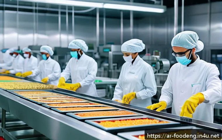 식품 공정의 최적화 알고리즘 - A modern food manufacturing factory interior featuring advanced AI-driven quality control systems, w...