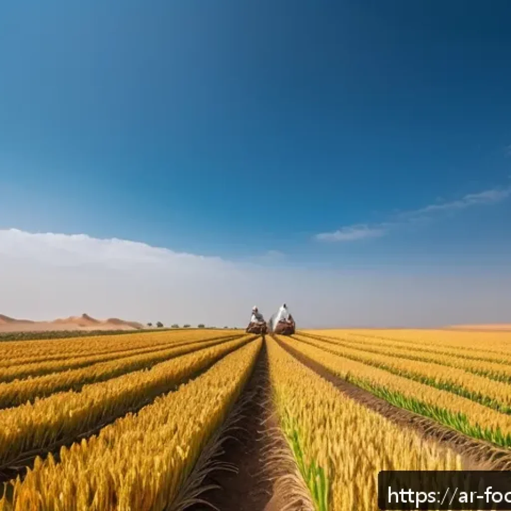 식품에서의 유전자 변형 기술 - A detailed, vibrant agricultural field in a Middle Eastern landscape under a bright blue sky, showca...