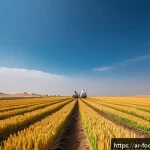 식품에서의 유전자 변형 기술 - A detailed, vibrant agricultural field in a Middle Eastern landscape under a bright blue sky, showca...