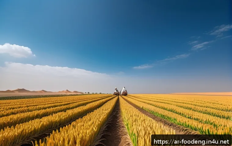 식품에서의 유전자 변형 기술 - A detailed, vibrant agricultural field in a Middle Eastern landscape under a bright blue sky, showca...