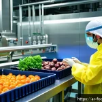 식품 방사선 조사 - A detailed scientific illustration showing the process of food irradiation in a modern Arabic food p...