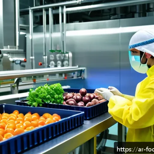 식품 방사선 조사 - A detailed scientific illustration showing the process of food irradiation in a modern Arabic food p...