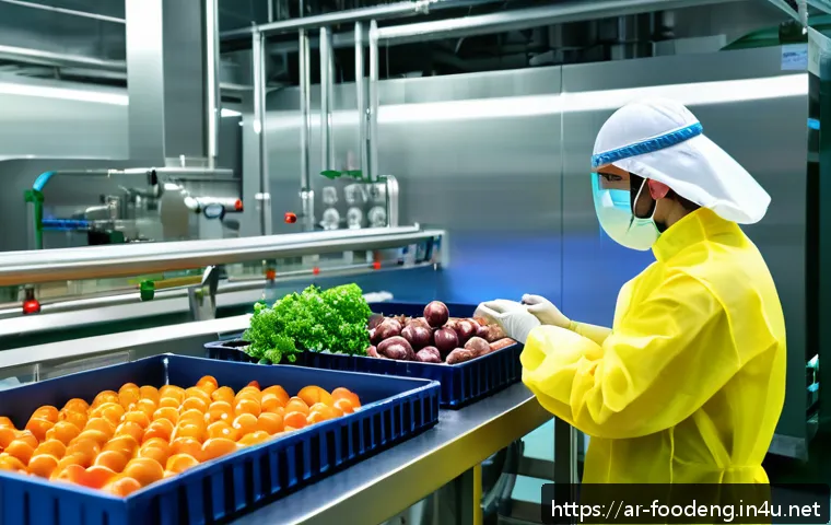 식품 방사선 조사 - A detailed scientific illustration showing the process of food irradiation in a modern Arabic food p...