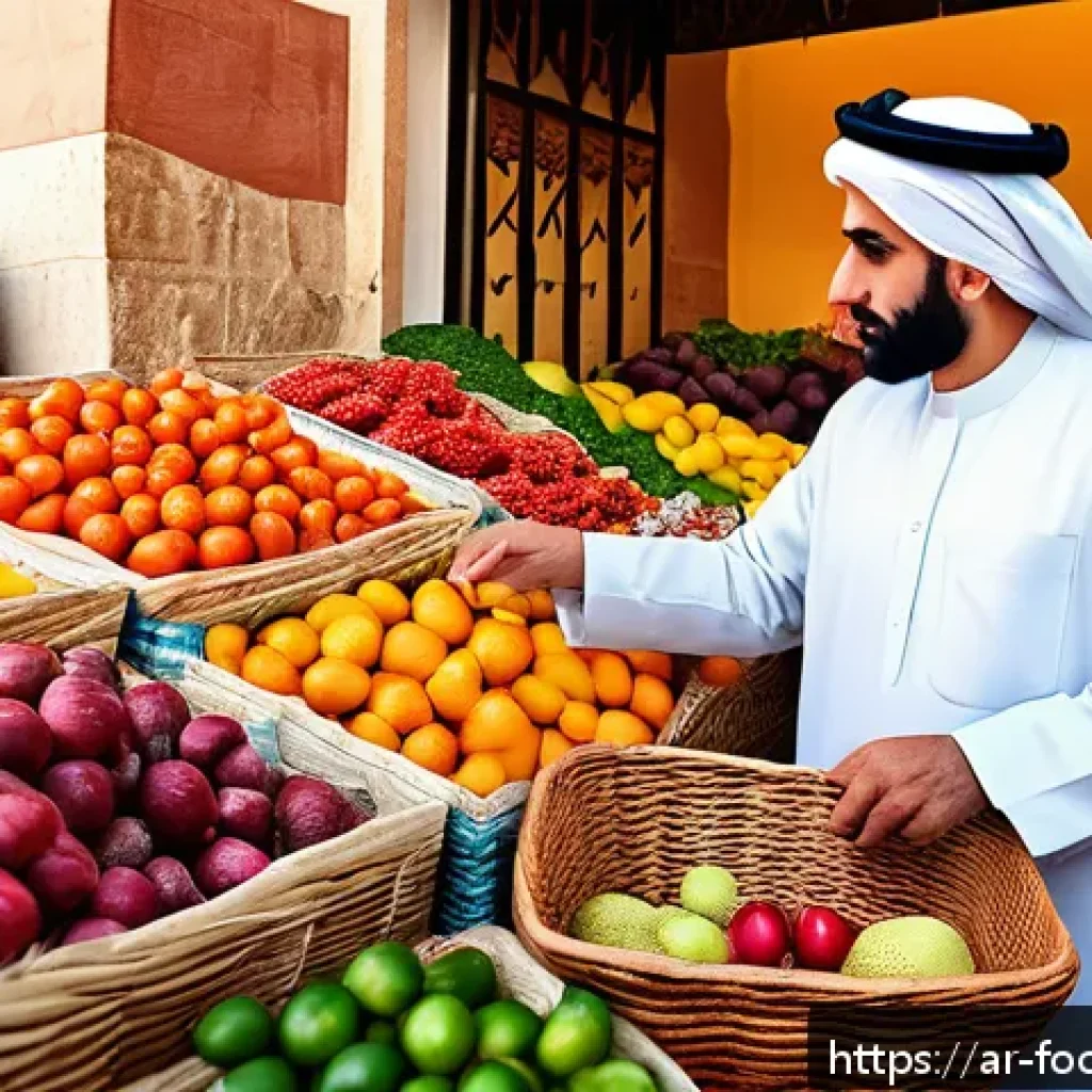 식품첨가물 종류와 역할 - A vibrant Middle Eastern market scene showcasing fresh fruits and vegetables with natural colors and...