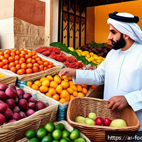 식품첨가물 종류와 역할 - A vibrant Middle Eastern market scene showcasing fresh fruits and vegetables with natural colors and...