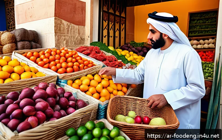 식품첨가물 종류와 역할 - A vibrant Middle Eastern market scene showcasing fresh fruits and vegetables with natural colors and...