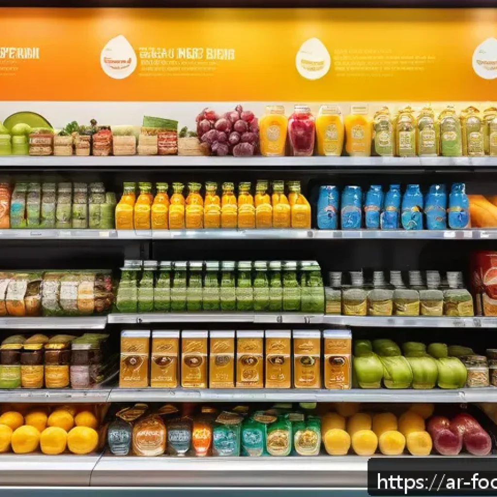 식품에서의 나노입자 활용 - A modern Middle Eastern grocery store shelf displaying a variety of food products enhanced with nano...