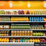식품에서의 나노입자 활용 - A modern Middle Eastern grocery store shelf displaying a variety of food products enhanced with nano...