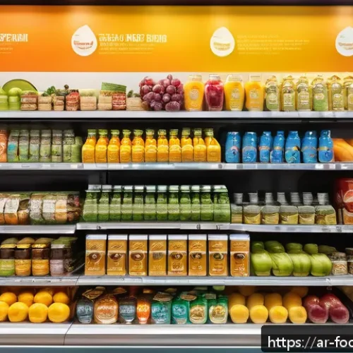 식품에서의 나노입자 활용 - A modern Middle Eastern grocery store shelf displaying a variety of food products enhanced with nano...