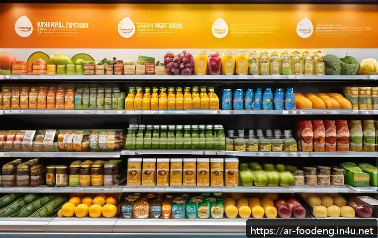 식품에서의 나노입자 활용 - A modern Middle Eastern grocery store shelf displaying a variety of food products enhanced with nano...
