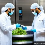 식품 안전을 위한 인공지능 활용 - A high-tech food quality monitoring laboratory in a Middle Eastern setting, featuring advanced AI-po...