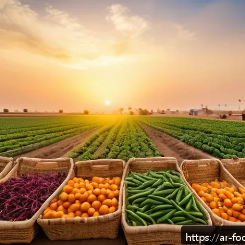 식품 산업에서의 ESG 경영 - A vibrant Middle Eastern farmer&rsquo;s market scene at sunset, showcasing local farmers proudly displayin...