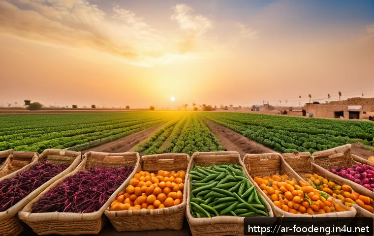 식품 산업에서의 ESG 경영 - A vibrant Middle Eastern farmer&rsquo;s market scene at sunset, showcasing local farmers proudly displayin...