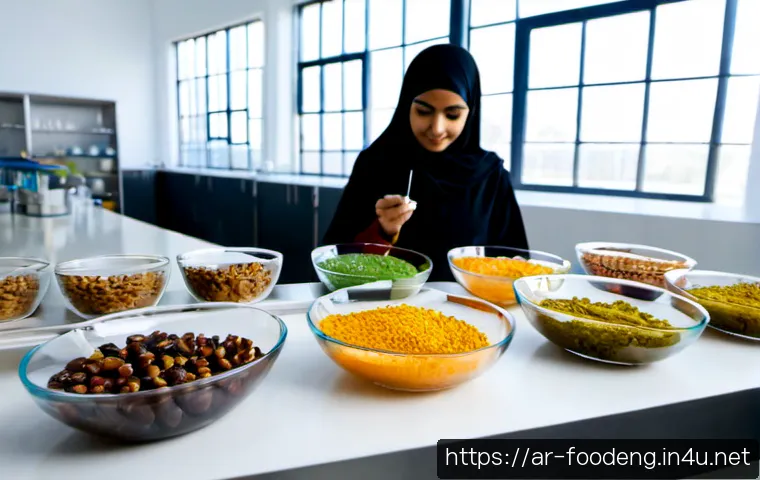 식품에서의 친환경 감미료 연구 - Photorealistic food science laboratory in a modern Middle Eastern research center, Arab female food ...