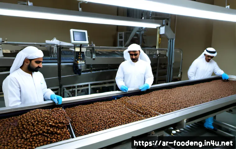 식품 공정 자동화 - Photorealistic modern food processing factory in the Gulf region, stainless steel automated conveyor...