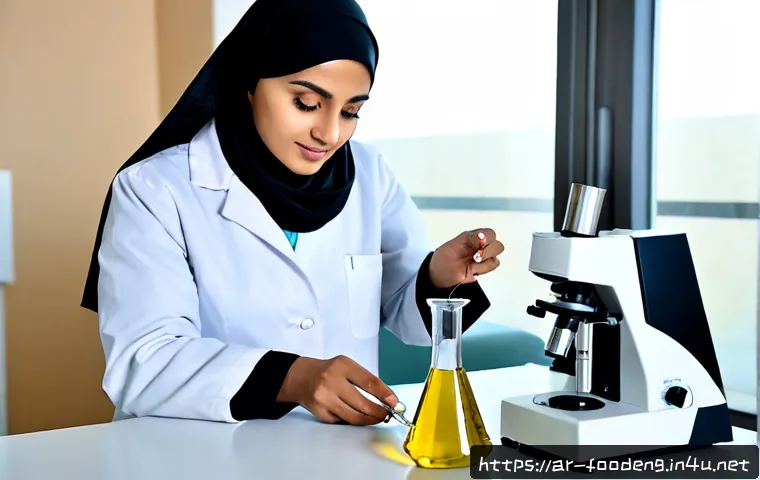 식품과 나노기술 - Photorealistic food nanotechnology research scene, Arab female food scientist in a modest lab coat a...