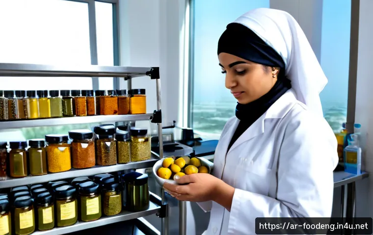 식품에서의 유전자 분석 기술 - Photorealistic modern food safety laboratory in an Arab Gulf city, a modest Arab female scientist in...
